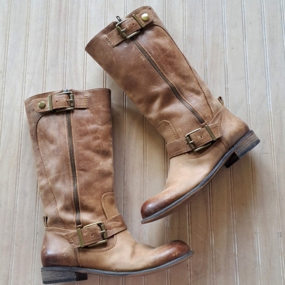 Gianni Bini Leather Buckle Side-Zip midi Mid-Calf High Western Distressed Boots - Picture 1 of 13